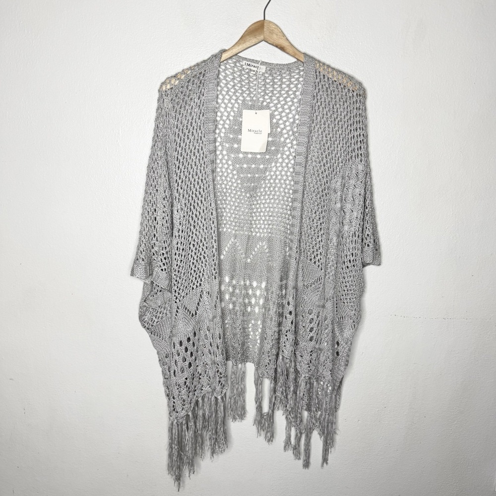 Miracle USA Gray Crochet Boho Kimono Tassels Western Womens Small/Medium